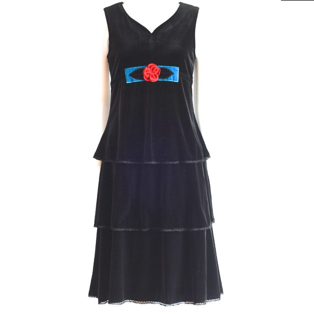 Moda Black Velour Tiered Dress With Velvet Appliques
